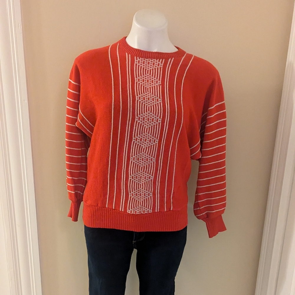 Vintage red with white print and stripes dolman sleeve sweater size S